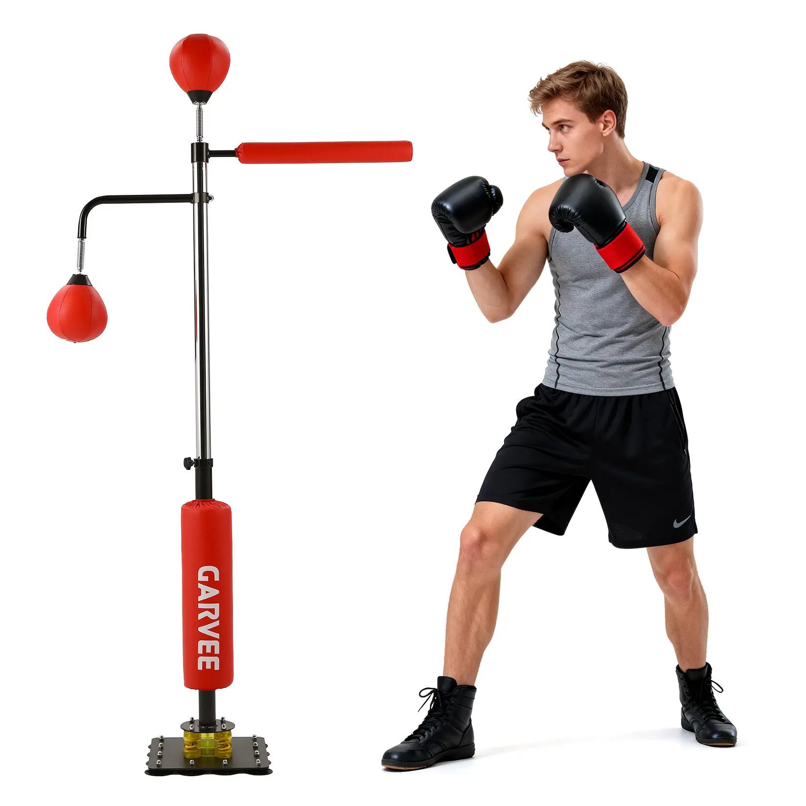 GARVEE Unisex Adjustable Free Standing Boxing Punching Bag with Speed Ball, Suction Cup Portable Base - Height Your Way 106-205cm, 24x18 PU Ball, 60x6 Body, 340x340x4mm Durable Steel Base, Quote Stick Timing, Speed Training for Home Gyms