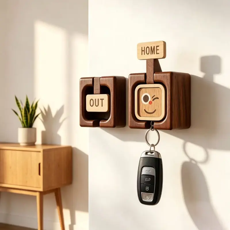 Solid Wood Key Holder Hanger - 2-in-1 Self-Adhesive Keychain Rack with Shelves, Single Unit Entryway Wall Storage Organizer & Decor, Rustic Farmhouse Mudroom Accessory, Housewarming Gift for Her