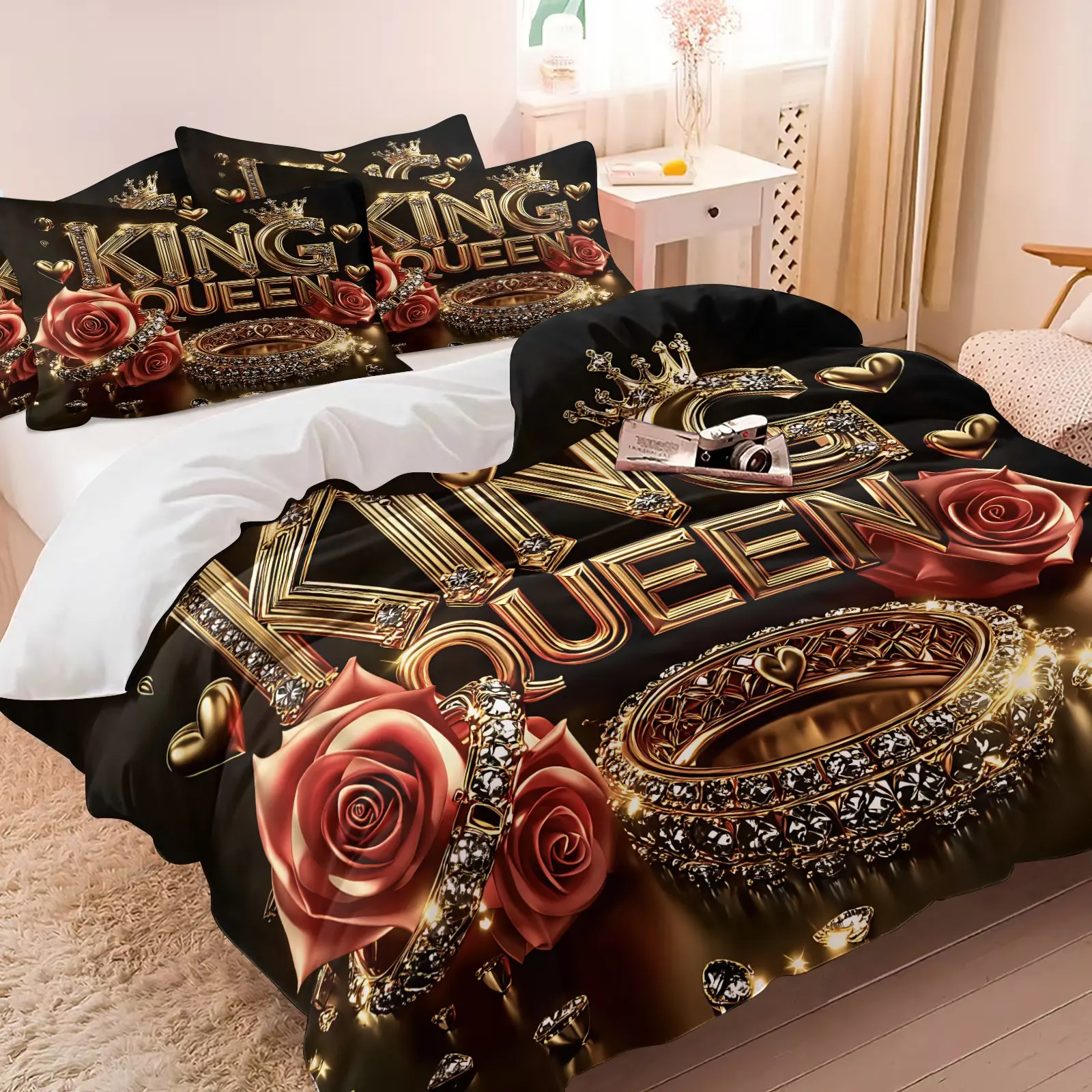 Black Gold King Queen Couple Duvet Cover Set and 1-2 Coreless Pillowcases-Black Base with Diamond-Studded Gilded 3D Artistic Font Gold Wedding Ring Red Rose & Golden Heart-Comfortable Bedding Luxury Bedroom Decor