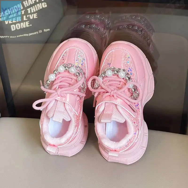 YYT1  Girls' Sparkly Pink Trainers - Soft PU Leather Upper, Outsole, Pearl-Like Accents, Easy-On/Shut Closure, Cushioned EVA Insole, Non-TPU Features, Toddler Kids Footwear School, Parties