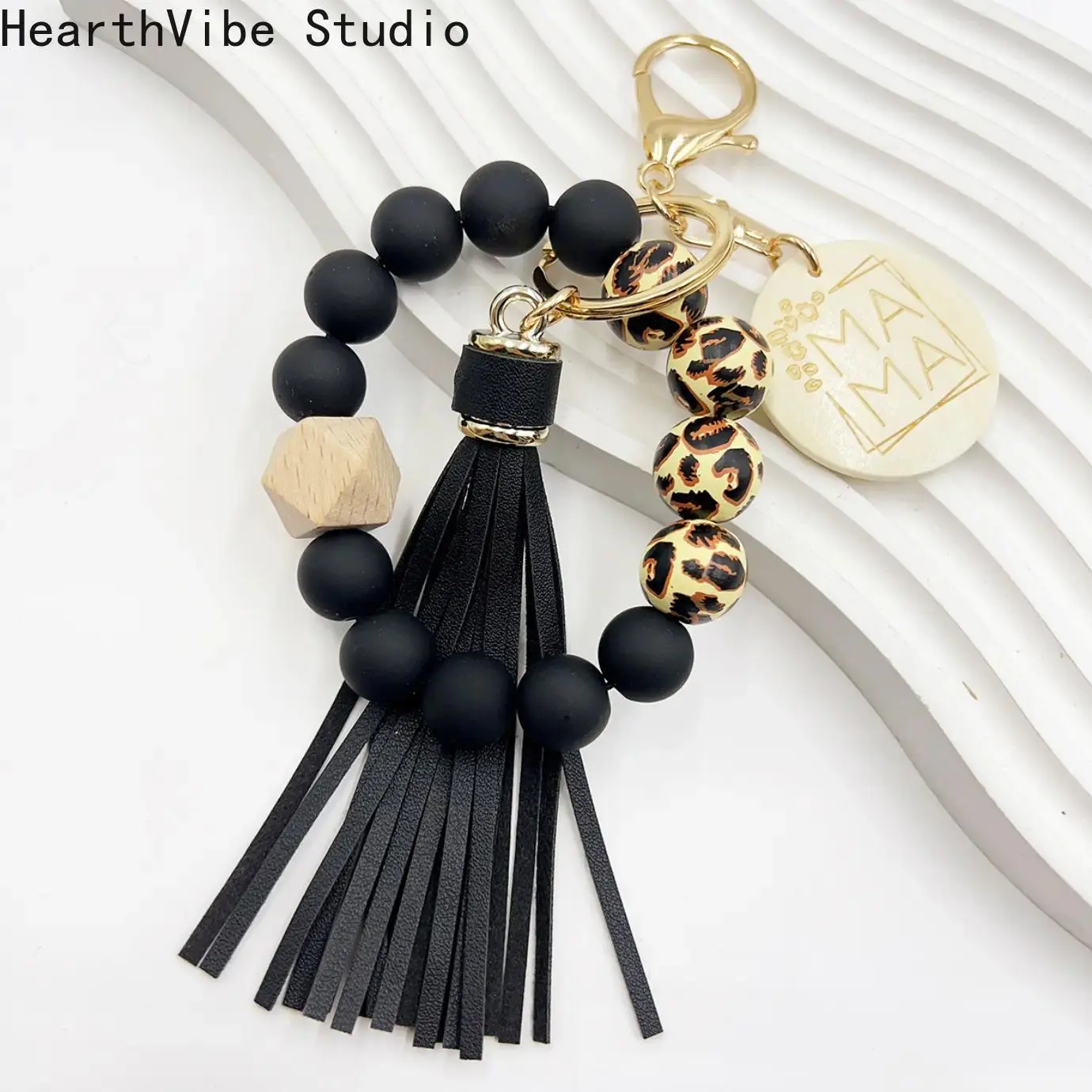 Handmade Mixed Beads Keychain Set - Silicone Wood Beads Keyring with MAMA Wood Slice Cute Charm, Mother’s Day Gift for Moms (Sports & Outdoor Lawn Games Tetherball Accessory)