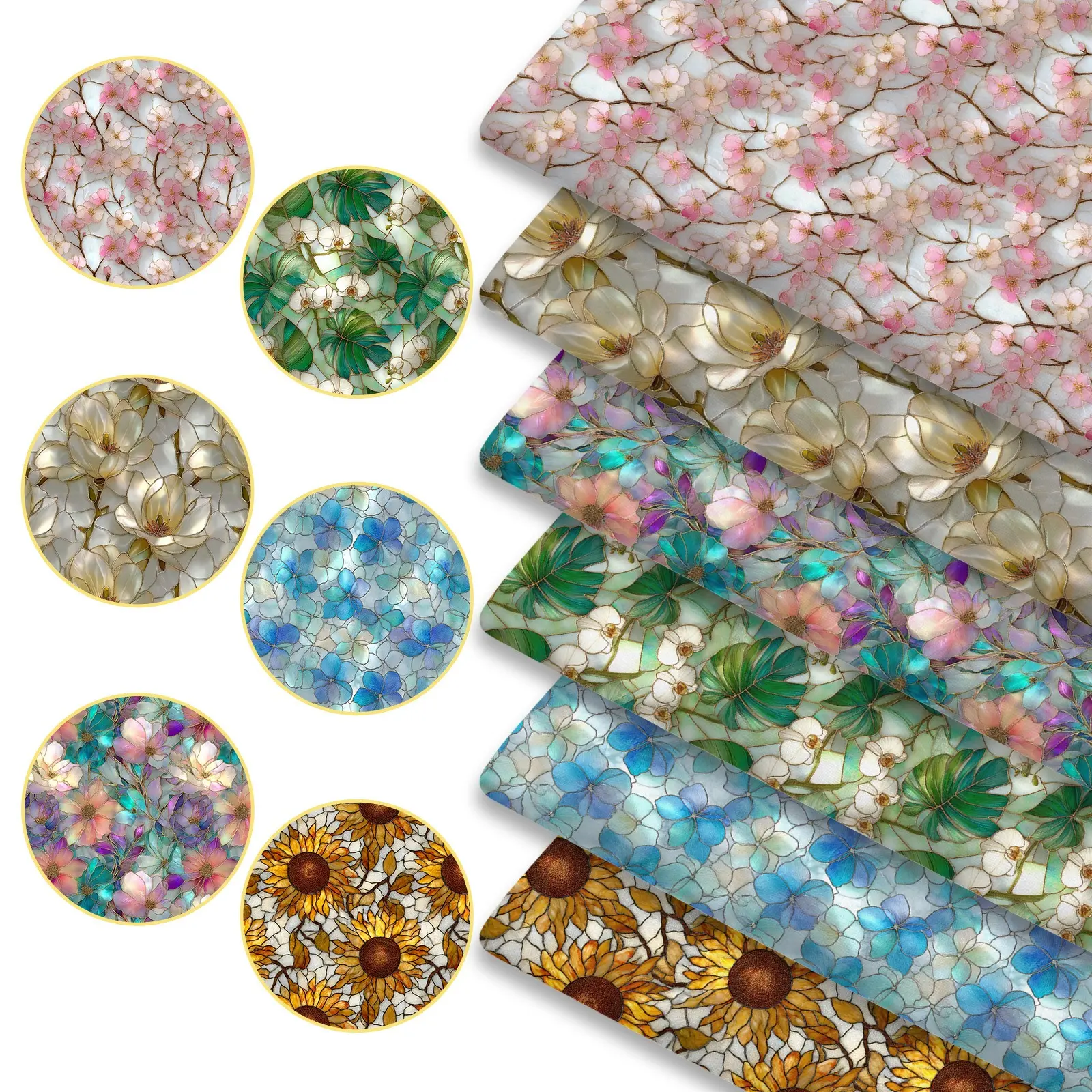 6pcs Stained Glass Floral Elegant Soft Fabric Bundles, 45cm*50cm/17.72in*19.69in Retro Cathedral Style Flower Fabric Squares for Quilting, Patchwork Sewing Material for Bedding, Tablecloth, Bags, Headbands, Pillowcases