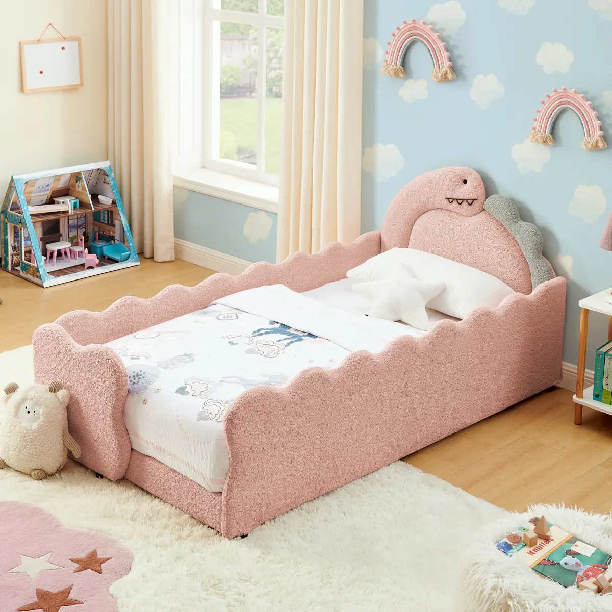 Twin Size Kids Daybed with Dinosaur-Shaped Headboard, Upholstered Boucle Fabric Bed with Safety Guardraild, Cute Kids Daybed for Girls Boys, Pink