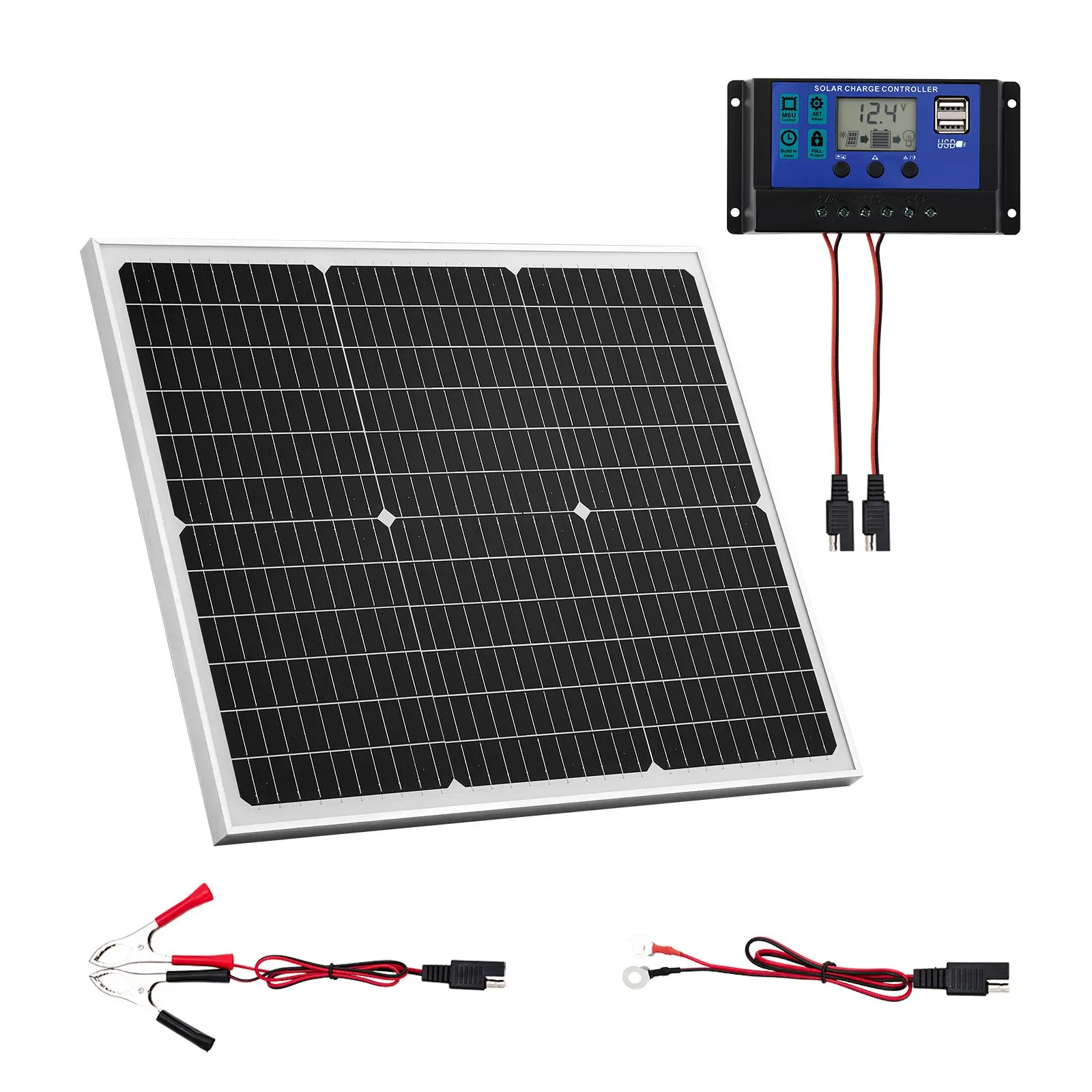 VEVOR 50W 12V Solar Panel Car Charger Maintainer, Single Unit Mono Panel with Upgraded MPPT Controller, IP65 Waterproof, Plug & Play, Alligator Clips, 122-in Extension Cord for Car, Boat, RV, DC Power Supply (Bracket Not Included), 122-Inch Extension Cord