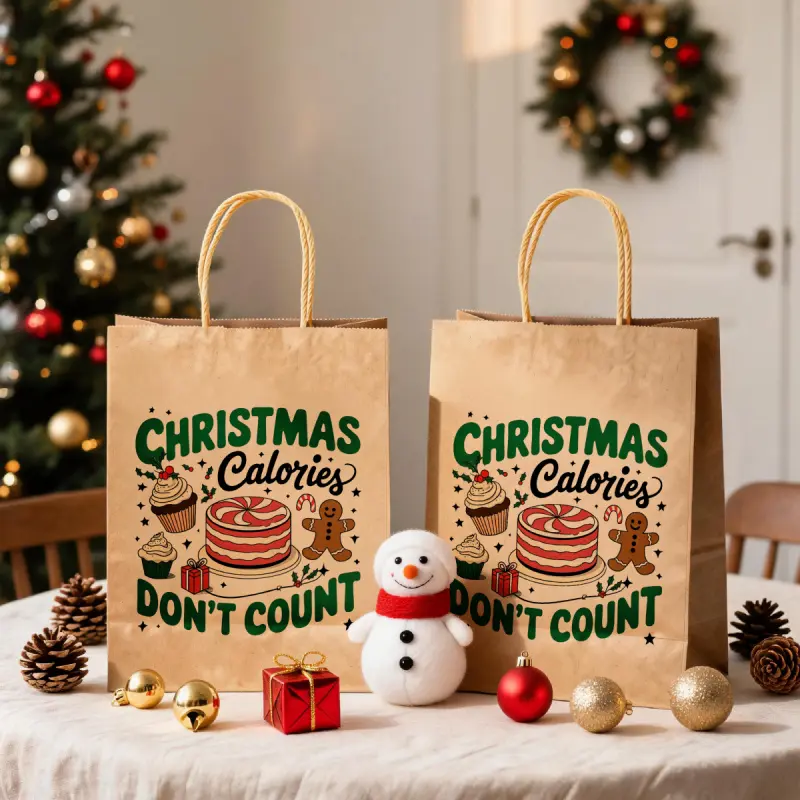 12-piece set of Christmas-themed gift bags with funny Christmas calorie count designs featuring cake and gingerbread man motifs, equipped with rope handles, suitable for holiday party favors and candy treats, size 15X8X 21cm