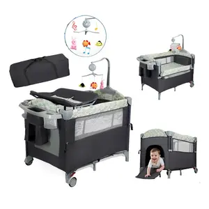 Aobtkel®Pack n Play,Playard Bassinet with Changing Table Lockable Wheels Music Box Pack and Play Foldable Playard for Infant to Toddler