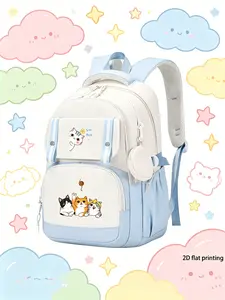 Cute Cat Print Backpack, Soft and Cozy Design, Breathable Mesh Shoulder Straps, Detachable Coin Purse, Unisex, Multiple Colors Available
