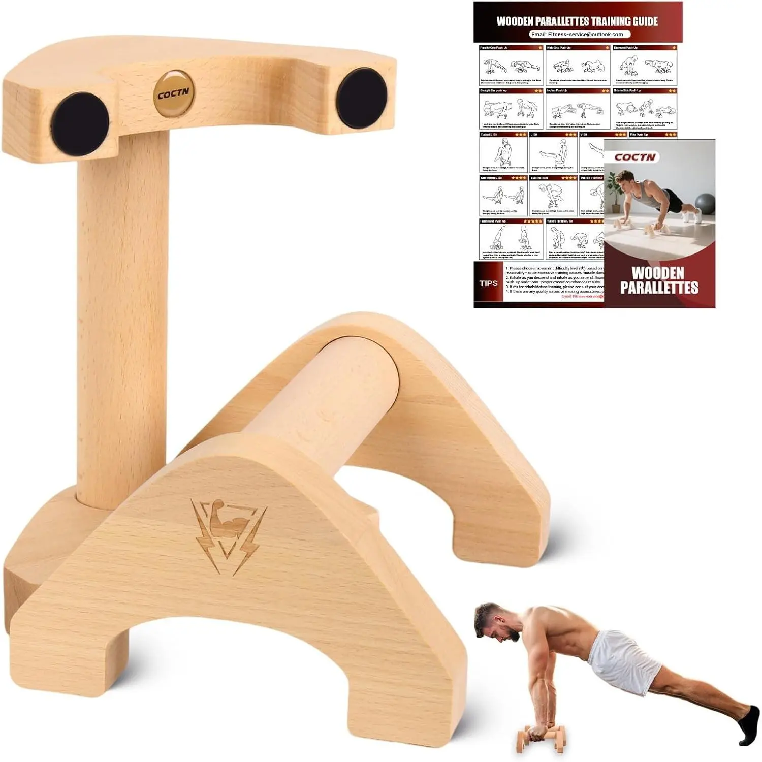 Wooden Push Up Bars - 2 PCS Beech Solid Wood Parallettes with Embedded Feet, Non-slip Base, Training Poster, Home Gym Training Gear for Planks, Calisthenics