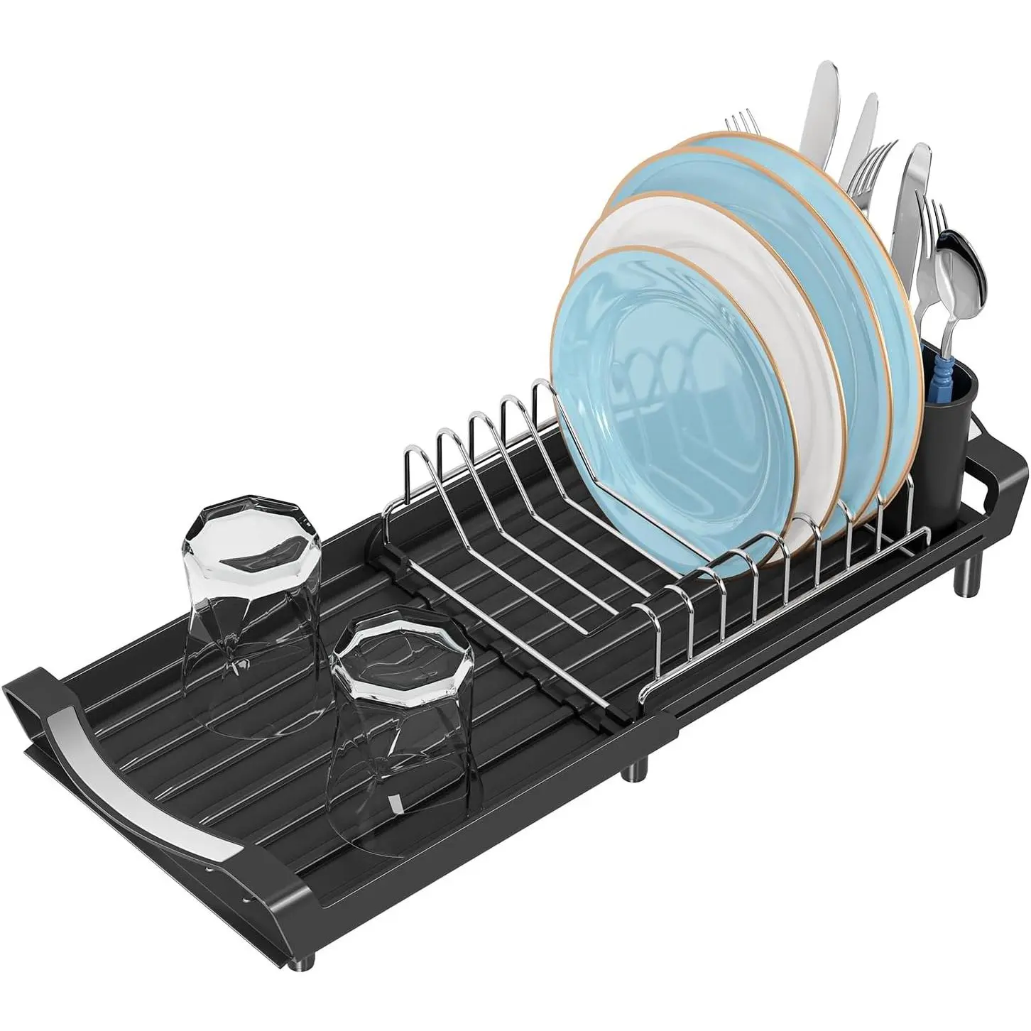 Small Dish Drying Rack, Compact Expandable Dish Rack with Cutlery Holder, Sink Dish Drainer for Kitchen Countertop, Black | Expandable Dish Drainer, Compact Dish Strainer for Kitchen Counter, Space Saving, Rustproof, Auto-Drainage, 17.13"D x 6.62"W
