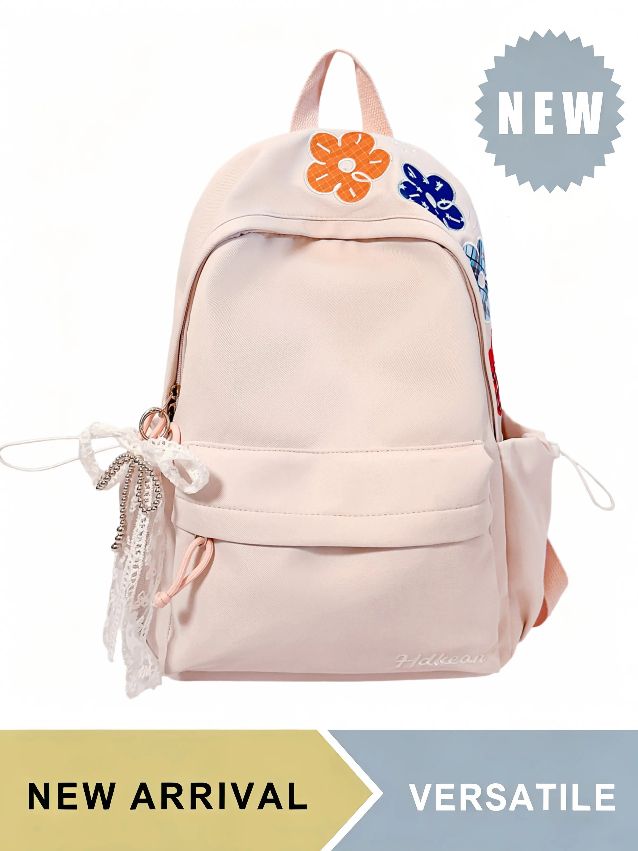 Cute Flower Embroidered Versatile Backpack with Lace Bow Charm, Casual Daypack for Teen Girls, Large Capacity School Bookbag with Side Pockets, Multiple Colors Available, Ideal for Daily School Travel Hiking Picnic Outdoor Activities