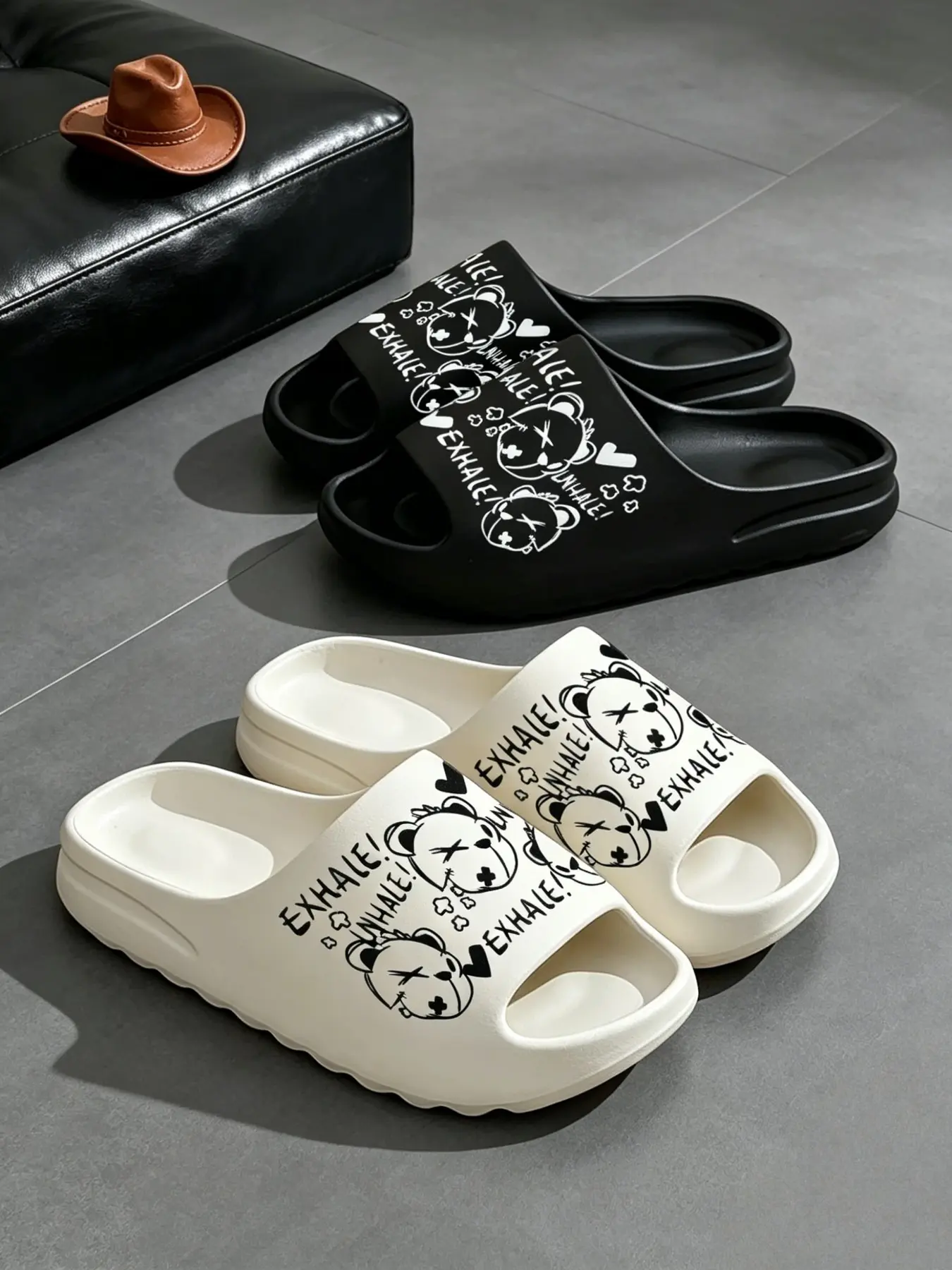 Y2K Aesthetic Graffiti Bear Platform Slides, Trendy Soft Cloud Eva Waterproof Sandals, Unisex Streetwear Non Slip Shower Slippers Flatform.Runs small, wide feet please size up one size.