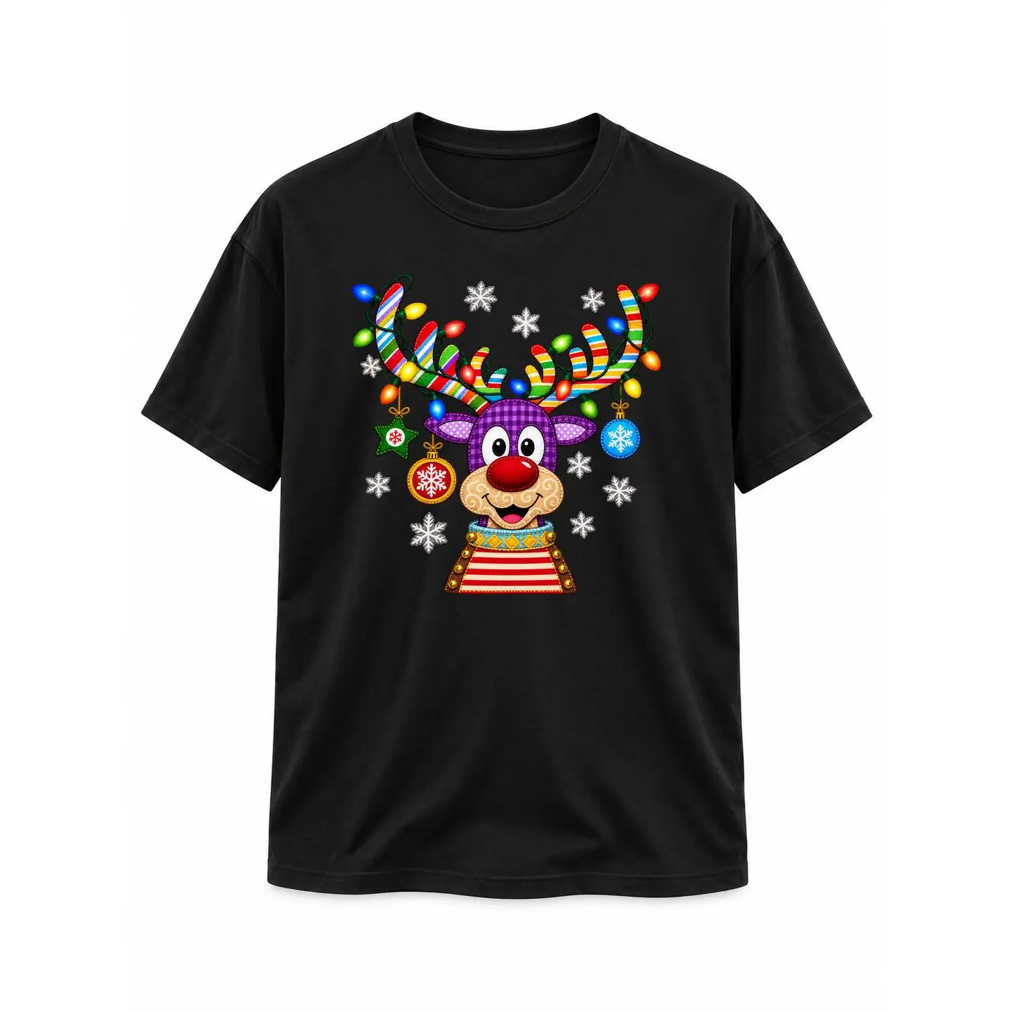 Cute Christmas Reindeer Graphic T-Shirt, Colorful Holiday Lights & Snowflake Deer Tee, Funny Festive Xmas Shirt, Christmas Party Outfit, Unisex Black Short Sleeve Printed Top