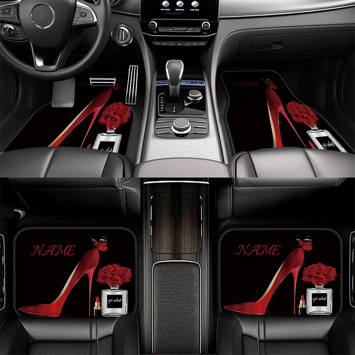 Set of Four Customizable Car Floor Mats, Adorned with Your Name And Unique Designs Including Roses. an Ideal Present for New Year'S And Valentine'S Day. Easy to Maintain, Fashionable, Girly Car Accessories, Compatible with Sedans, Trucks, And Suvs