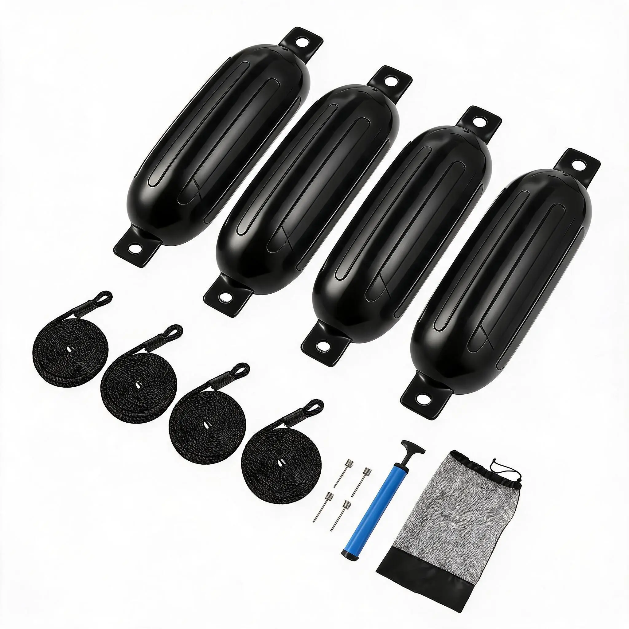 4-Pack Heavy-Duty Inflatable Boat Fenders for 10–35ft Vessels, Premium Marine Dock Bumpers Complete with 4 Ropes, Air Pump & Storage Bag, Perfect for Docking, Pontoon and Fishing Boats