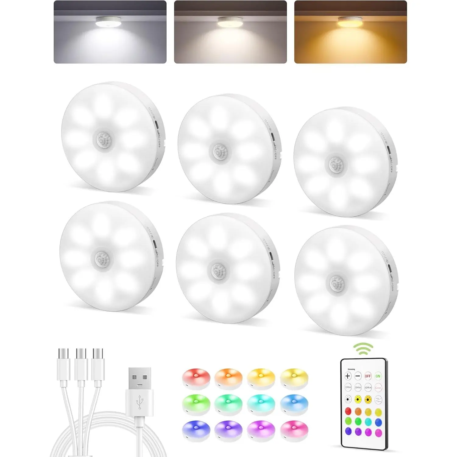EZVALO 6-Pack RGB Under Cabinet Lights with Remote, Rechargeable Motion Sensor Puck Lights, 3 Color Temps, 12 RGB Colors, Dimmable, Magnetic Stick On Lights for Counters, Closets, Shelves