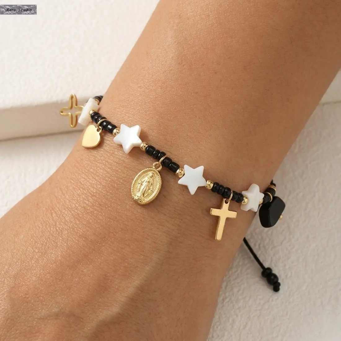 Black & White Beaded Bracelet for Women, Korean Style Star Cross Rice Bead Jewelry, Minimalist Layered Wristband with Niche Aesthetic Design, Casual Everyday Accessory for Summer Outfits, Travel & Parties