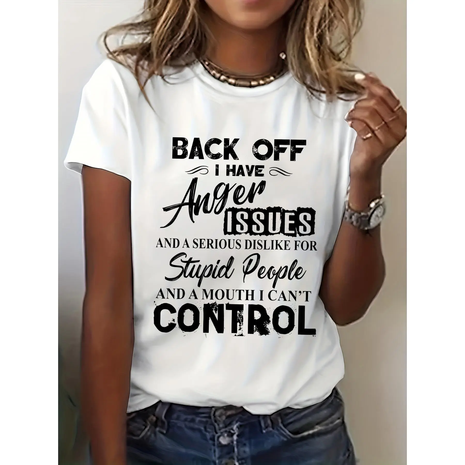 Women's "Back Off My Anger Issues" Slogan Short-Sleeve T-Shirt - Bold Statement Crew Neck, Medium Stretch, Loose-Fitting Normal Type Minimalist Women's Clothes, Machine Washable Casual Tee for Spring-Summer Relaxed Weekend Wear, Shortsleeve, Stretchy, Gra