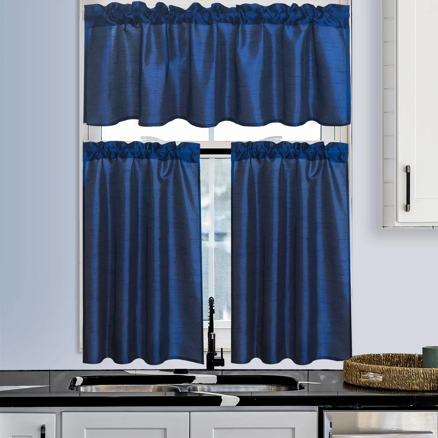 Exquisite Three-Piece Set of Faux Silk Blackout Kitchen Curtains - Layered Curtains and Valance - Thermal Insulation Backing - Available in Multiple Colors