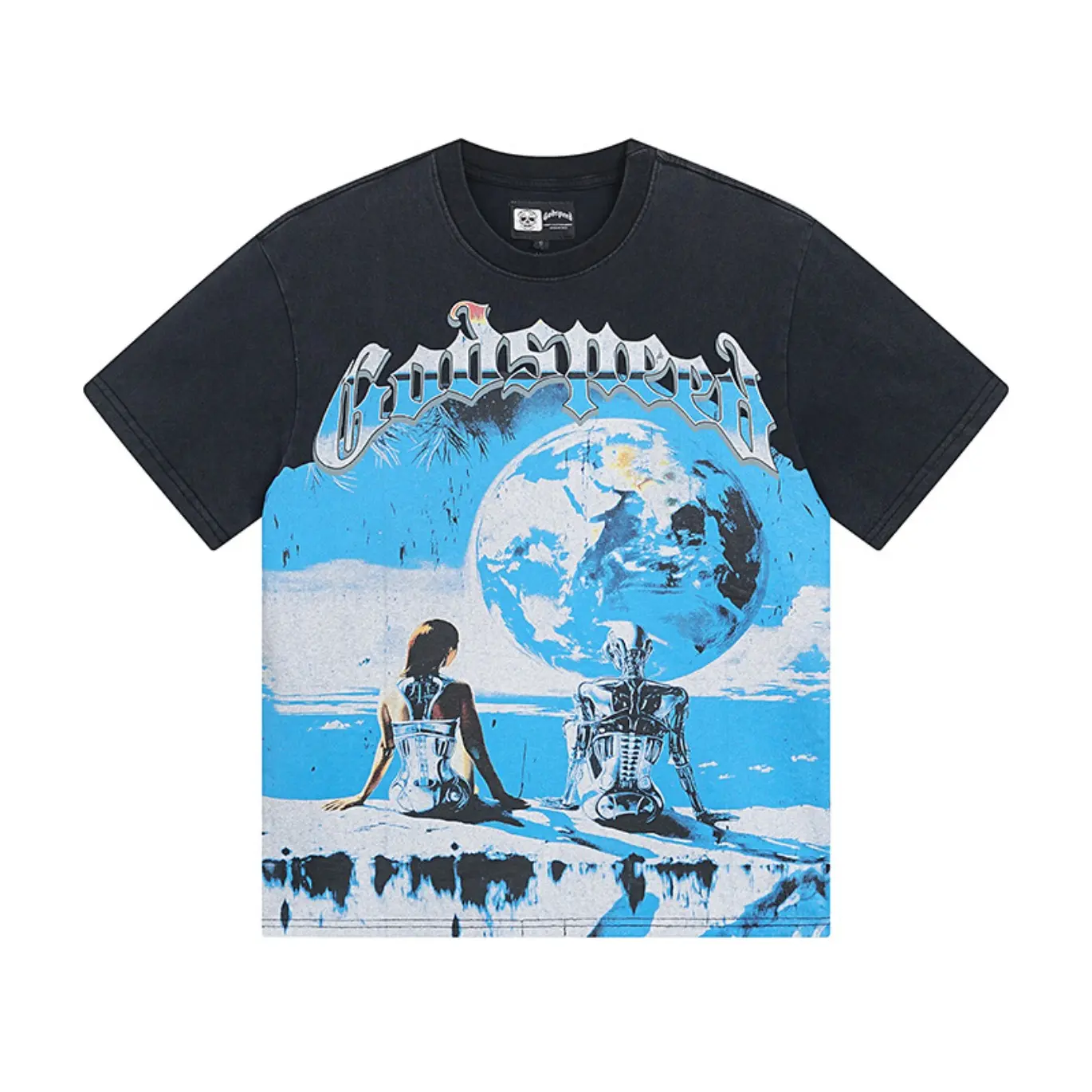 Men's Godspeed Unisex Cyberpunk Sci-Fi Globe Graphic Cotton Tee - Short Sleeve, Vintage Washed, Oversized, Loose-Fitting, Summer Trendy Streetwear - Mens Clothing, Cotton Graphic Tees, Everyday Wear, Baggy Cargo Pants Style, Hip Hop Vibe