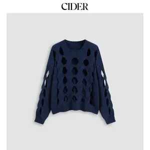 Cider [size 2-10] Knitted Round Neckline Solid Hollow Out Oversized Long Sleeve Top