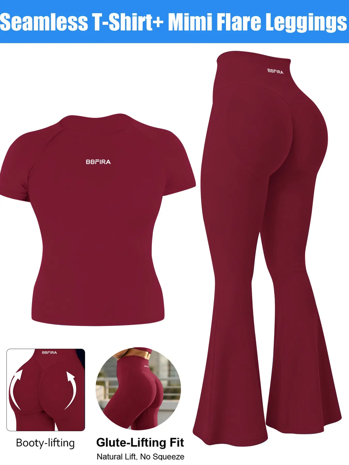 Women's 2-Piece Short Sleeve & Pants Set, Crew Neck Knit Top + Straight Micro Flare Pants, High Waist Seamless Activewear Set, Gym Workout Set, Seamless Yoga Outfits, Casual Outfit for Running, Cycling, Yoga & Outdoor Activities, Gym Training Outfit