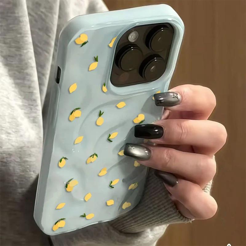 Yellow Lemon Shockproof Anti-Scratch Protective Case for iPhone 11 12 13 14 15 16 17Pro Max 14 Plus Folds Texture Soft Funda Cover