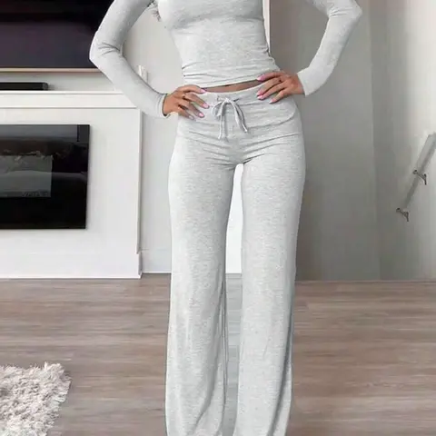 Women's Solid Long Sleeve Crop Top & Drawstring Waist Straight Leg Pants Loungewear Set, Casual Comfy Round Neck Top & Trousers PJ Set, Ladies Sleepwear for Summer & Fall Homewear