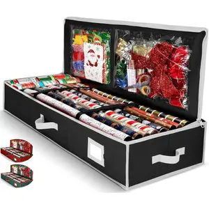 Wrapping Paper Organizer Storage Gift Wrap Holder With Extra Pockets for Christmas Decorations, Reinforced Handles, Heavy Duty, Ultra-Durable, Tear-Proof Fabric - Fits Up to 27 Rolls (Black)