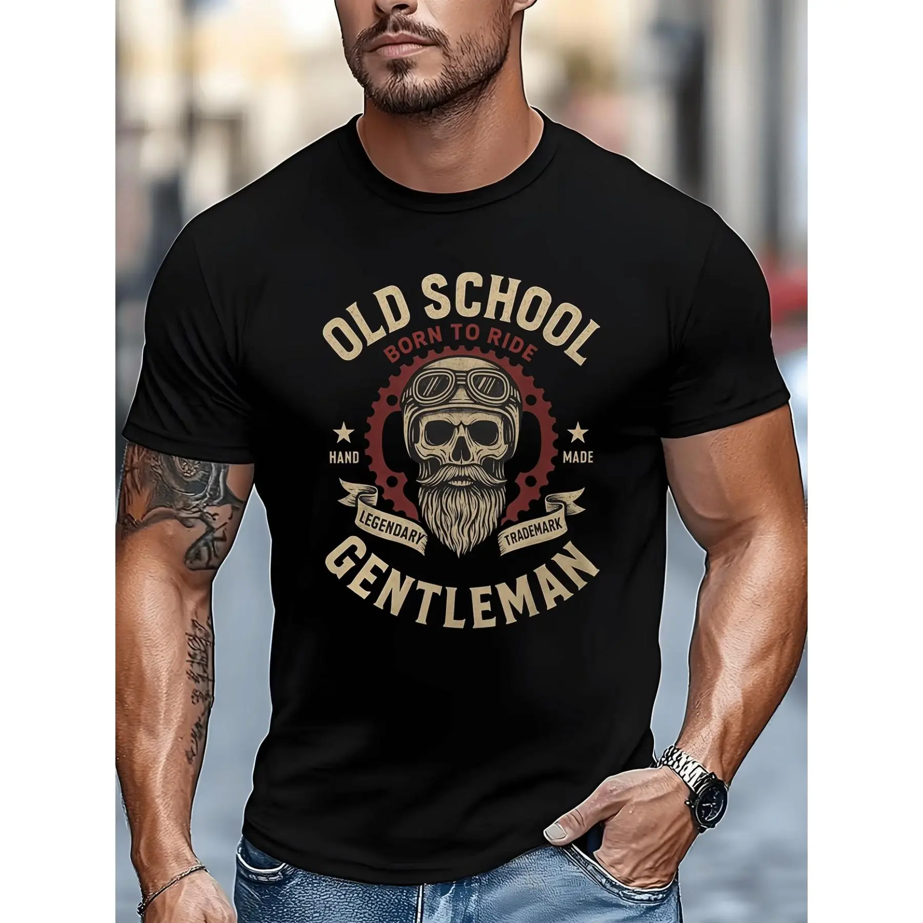 Motorcycle Themed Men's Retro Printed graphic T-shirt, Back Skull and 'Born to Ride' Pattern Round Neck Shirt, Casual and Versatile Basic T-shirt, Summer Fashion Outfit, Mesh Breathable Shirt, Refreshing and Comfortable cotton tee trendy streetwear