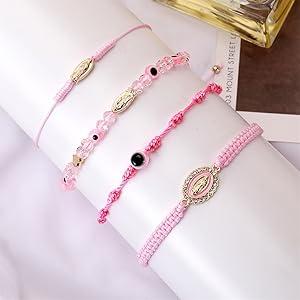 Pink String Evil Eye 7 Knot Lucky Bracelets Mexican Braclets Red Braided Black Rope San Judas Bracelet Virgin Mary Amulet Gift for Women Men
