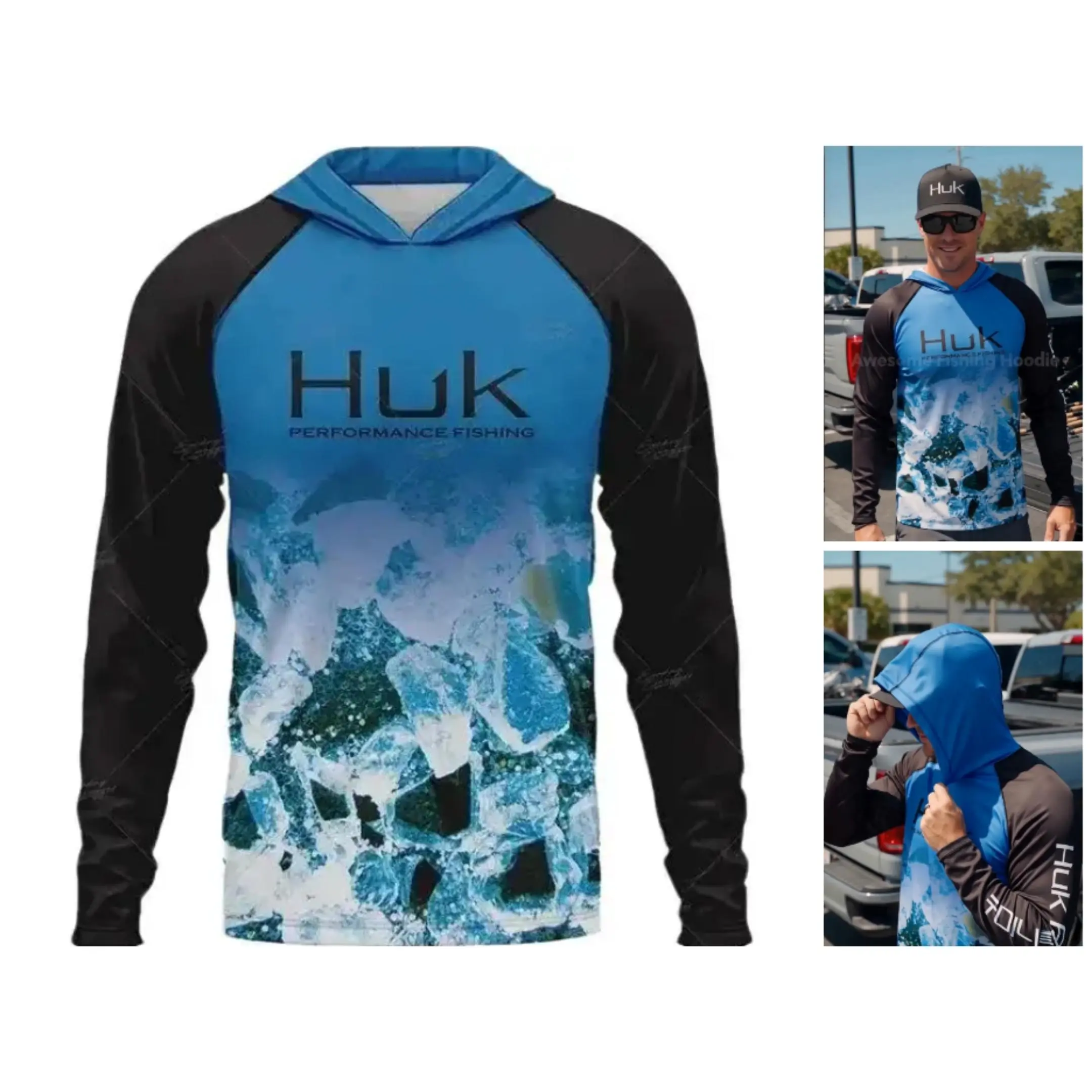 Men's Lightweight Rash Guard with Hood, Camouflage Ice Silk Blend Shirt for Outdoor UV Sun Protection, Upf Rash Guard, Hooded Rash Guard