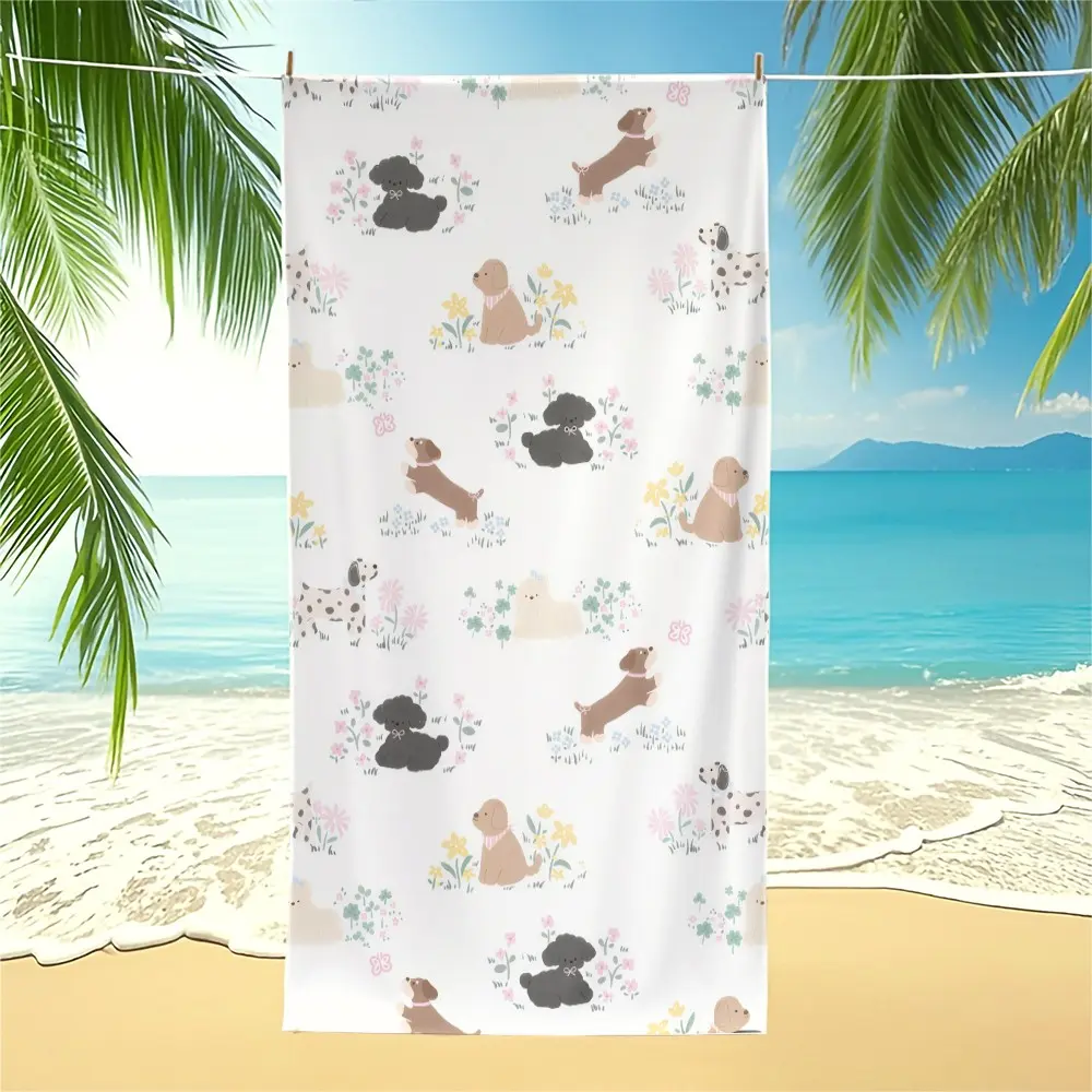 Cute Healing Floral Puppy Print Beach Towel, Ultra-Fine Microfiber, Quick Dry, Sand Resistant & Super Absorbent, Skin-Friendly, Lint-Free & Fade Proof, Perfect for Summer Beach, Pool & Vacation Vibe, Great Holiday Gift