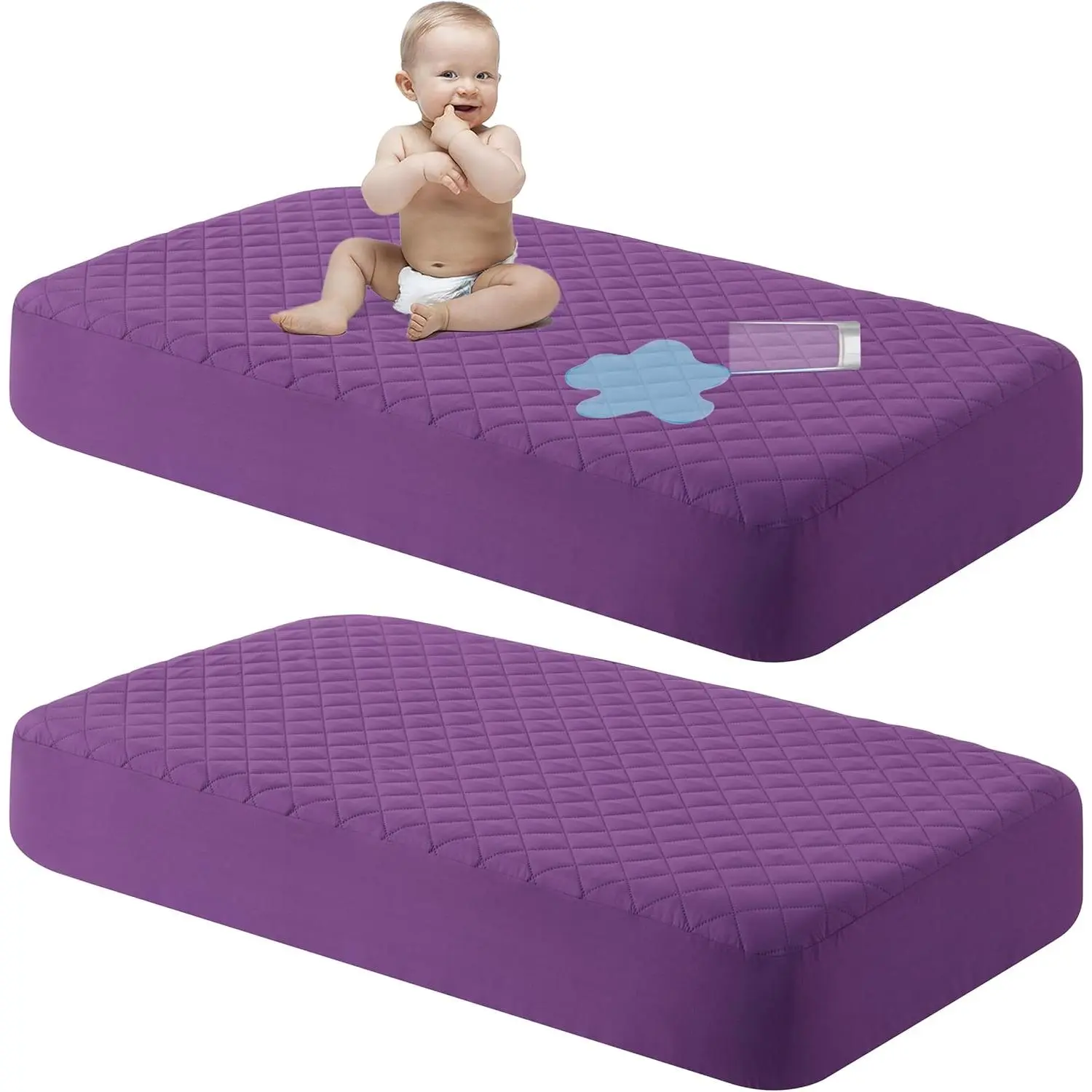 2 Pack Waterproof Crib Mattress Protector, Quilted 28"x52" Toddler Fitted Sheet - Machine Washable - Soft Mattress Pad Cover for Crib, Nursery, Daycare, Cot, Purple