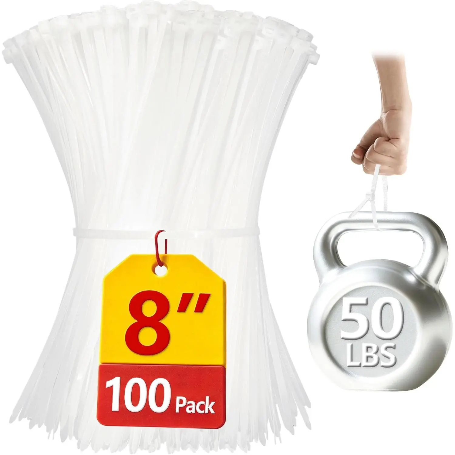 Clear Zip Ties Heavy Duty 8 Inch(100 Pack), 50lb, White  Ties, Zipties | Made of  Plastic Nylon,  & Weatherproof, Ideal for Indoor & Outdoor Wire Ties & Electrical Cord Management