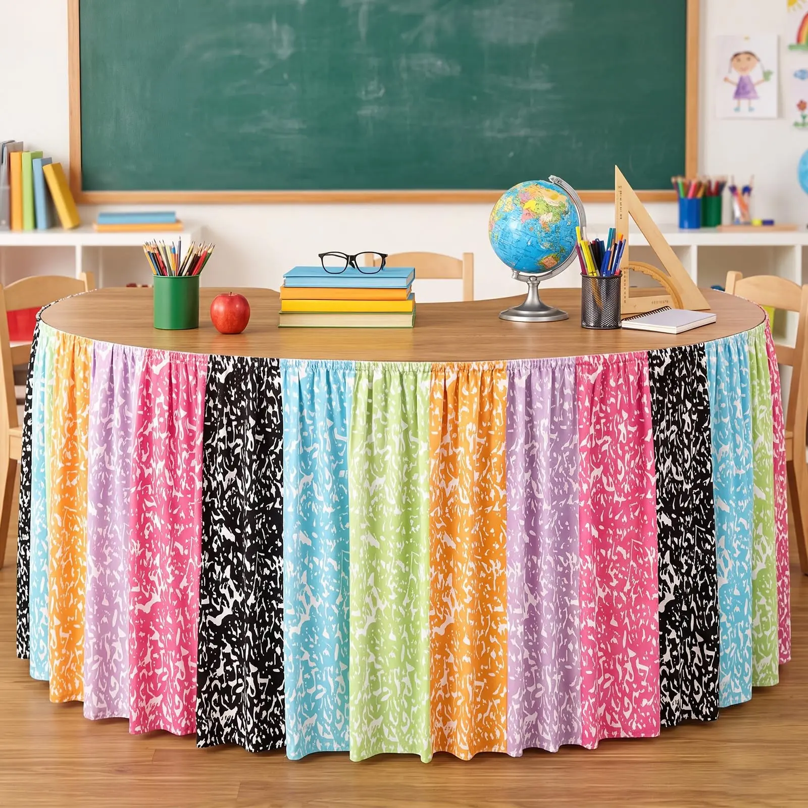9 Feet Rainbow Color Desk Skirt, Rectangular Tablecloth for Teacher Office, Classroom Bookshelf, Back-To-School Supplies