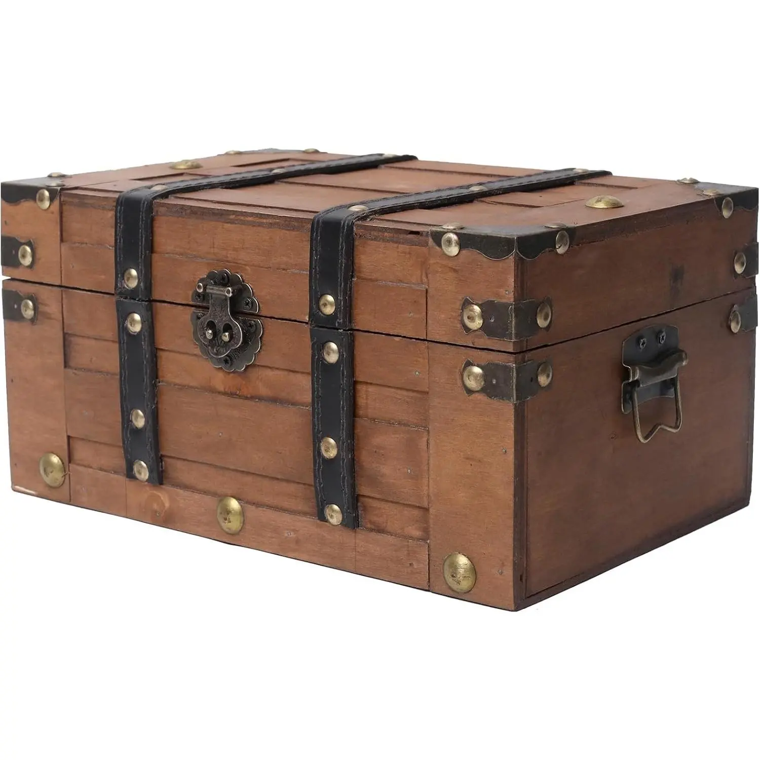 Vintage Wooden Treasure Chest (11"x7.1"x5.5") - Sturdy Hinged Lid Metal Organiser, Antique Decorative Pirate Box for Wedding Gift, Keepsakes, Men's Stuff - Brown Indoor Furniture Storage Trunk