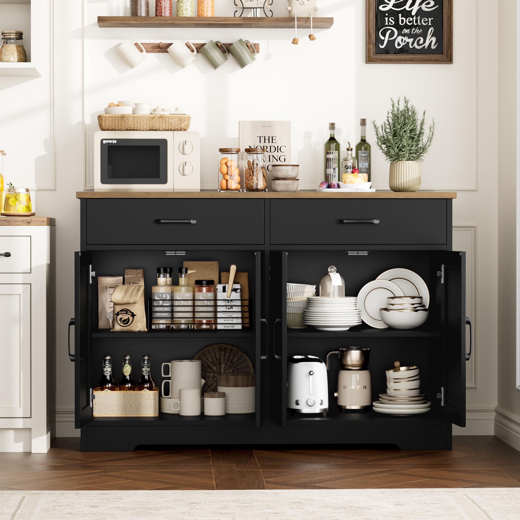 HOSTACK Buffet Cabinet, Coffee Bar with 2 Drawers, Shelves, 4 Doors, Modern Farmhouse Kitchen Sideboard Buffet, Wood Storage Cabinet