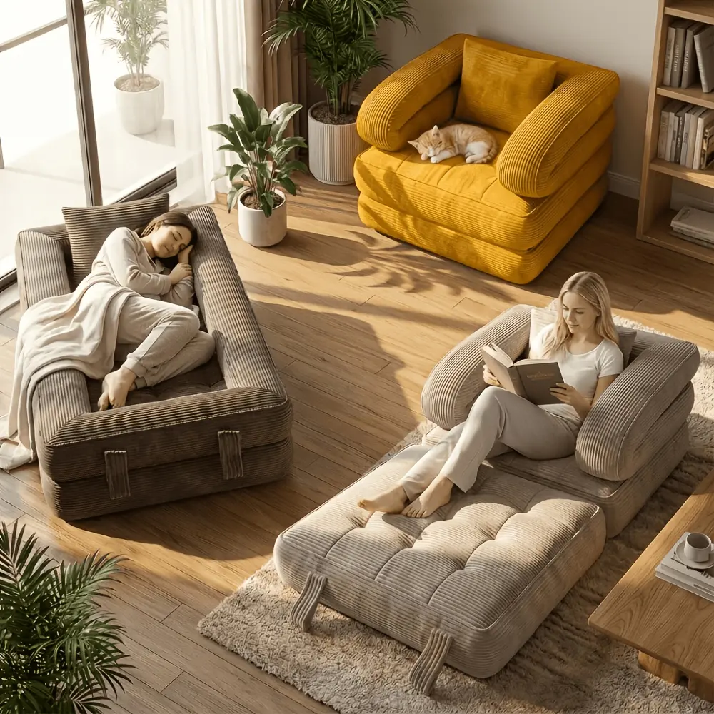 3-in-1 Convertible Folding Sofa Bed, Boneless Floor Futon Couch With Pillow, Cloud Shaped Corduroy Upholstered Deep Seat Sleeper, High-Density Memory Foam Ultra-Soft Comfy Lounge Bean Bag Chair