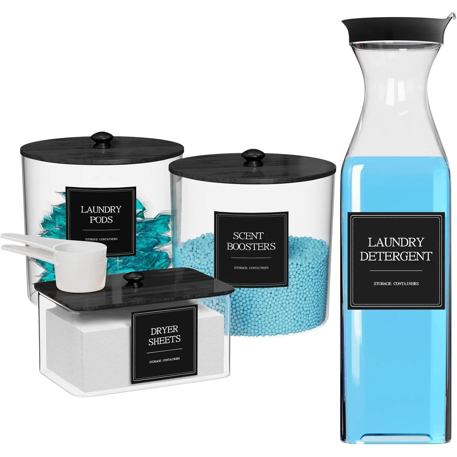 3+1 Pack Laundry Pods Containers & Dryer Sheet Holder & Laundry Detergent Dispenser, Laundry Room Organization and Storage Jars with Lids, Labels and Scoops for Scent Booster Powder Pods, Black Lid