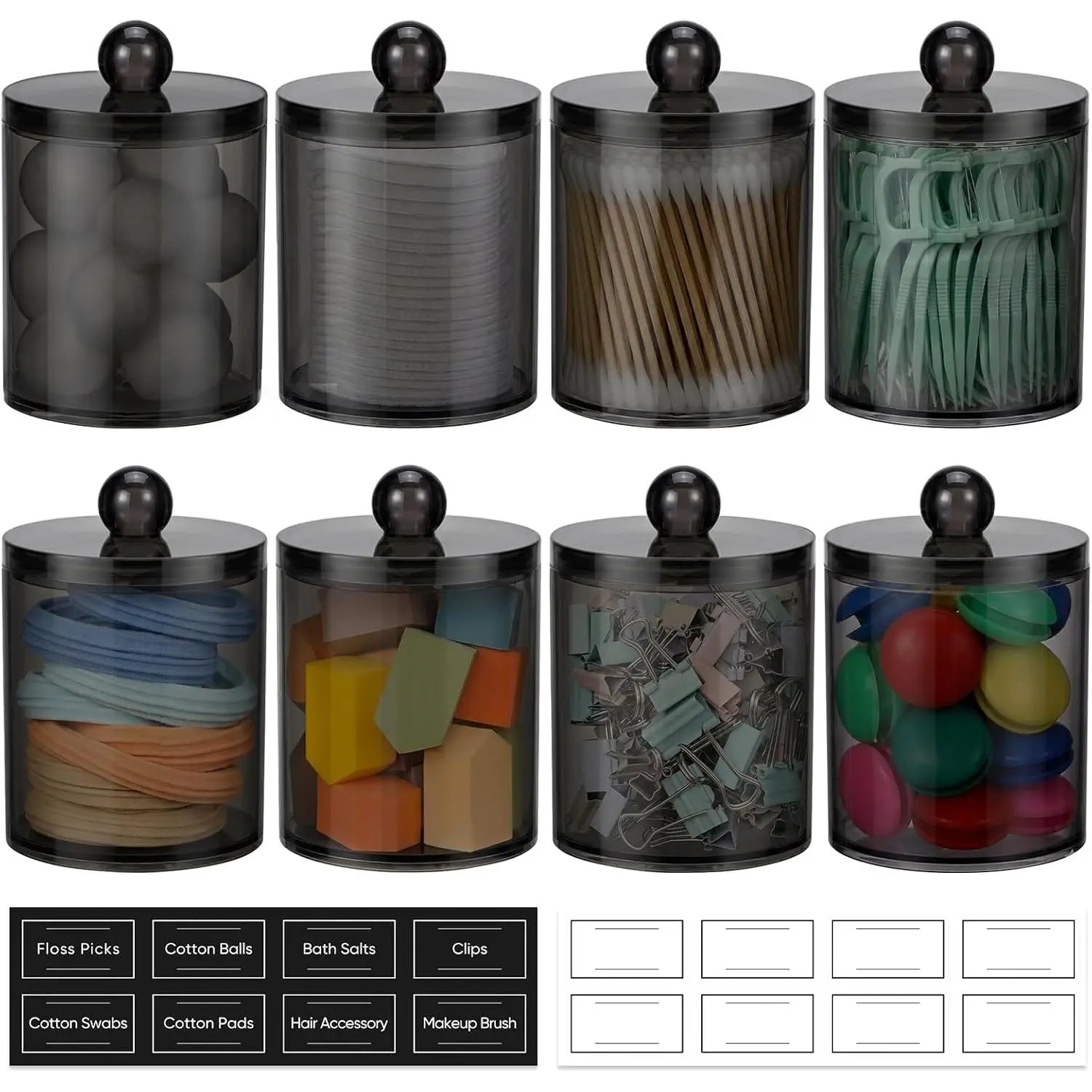 8 Pack Acrylic Qtip Holder Dispenser for Cotton Swabs, Balls, Pads, Floss Picks- Clear Plastic Canister Apothecary Jar Set, Bathroom Essentials Accessories Decor Vanity Makeup Storage Organizer -Black