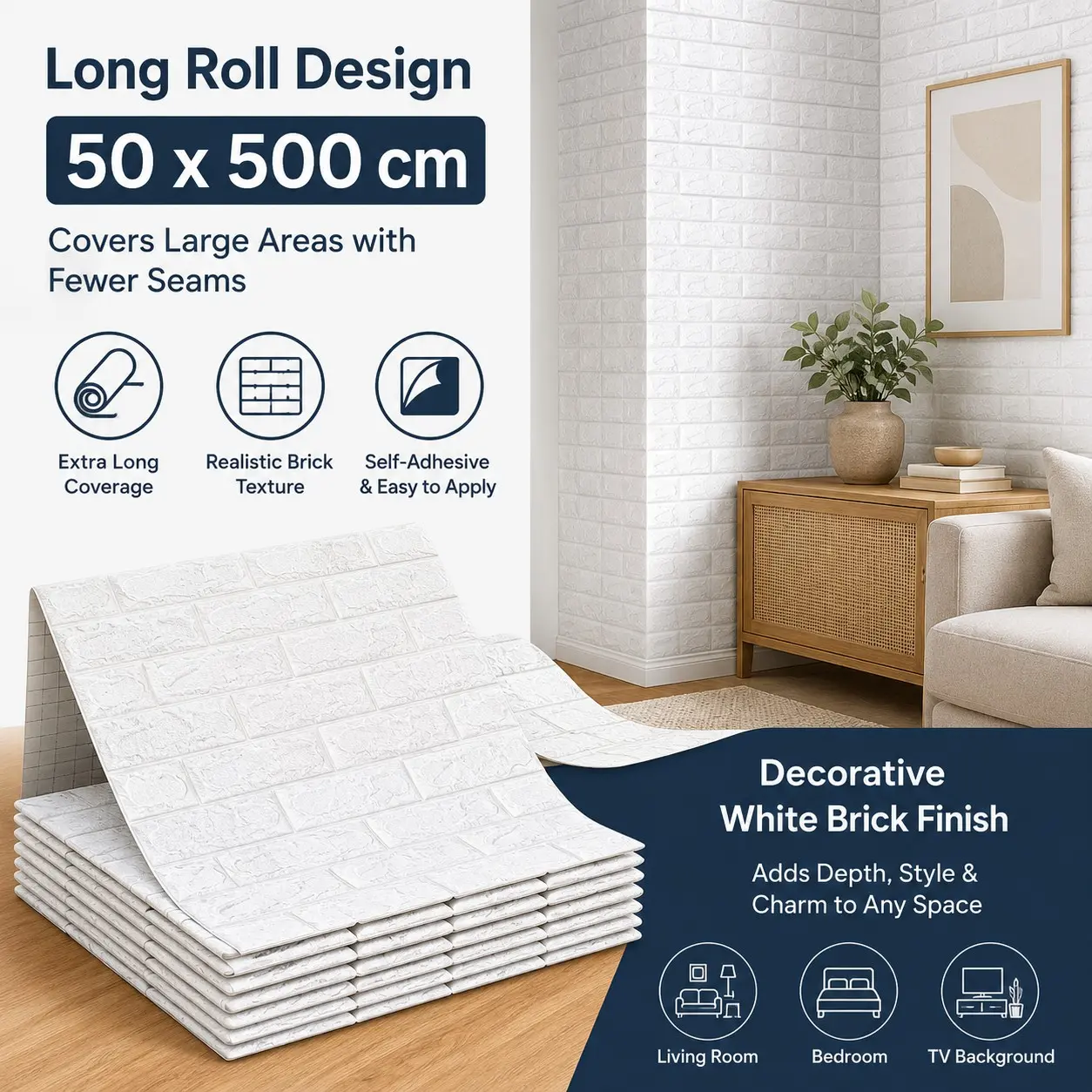 Self-Adhesive 3D Brick Pattern Wallpaper Sticker, Waterproof Easy to Apply, Modern Style, 19.7x196.85 Inches, Irregular Foam Texture, Brick Wallpaper Peel And Stick