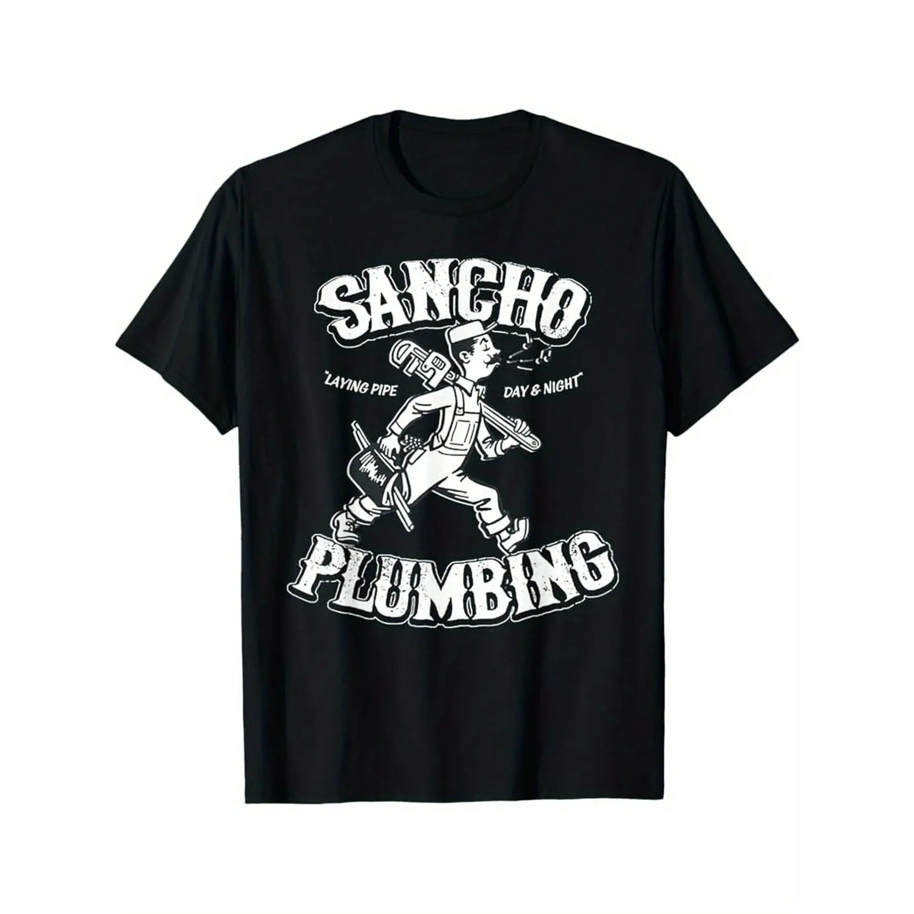 Humorous Plumbing Graphic T-Shirt for Men - Features 'SANCHO Plumbing' Design - Made from Heavyweight 180Gsm - White Crew Neck Tee Ideal for Plumbers, Contractors, And Enthusiasts - Casual Work Attire - Suitable for All Seasons
