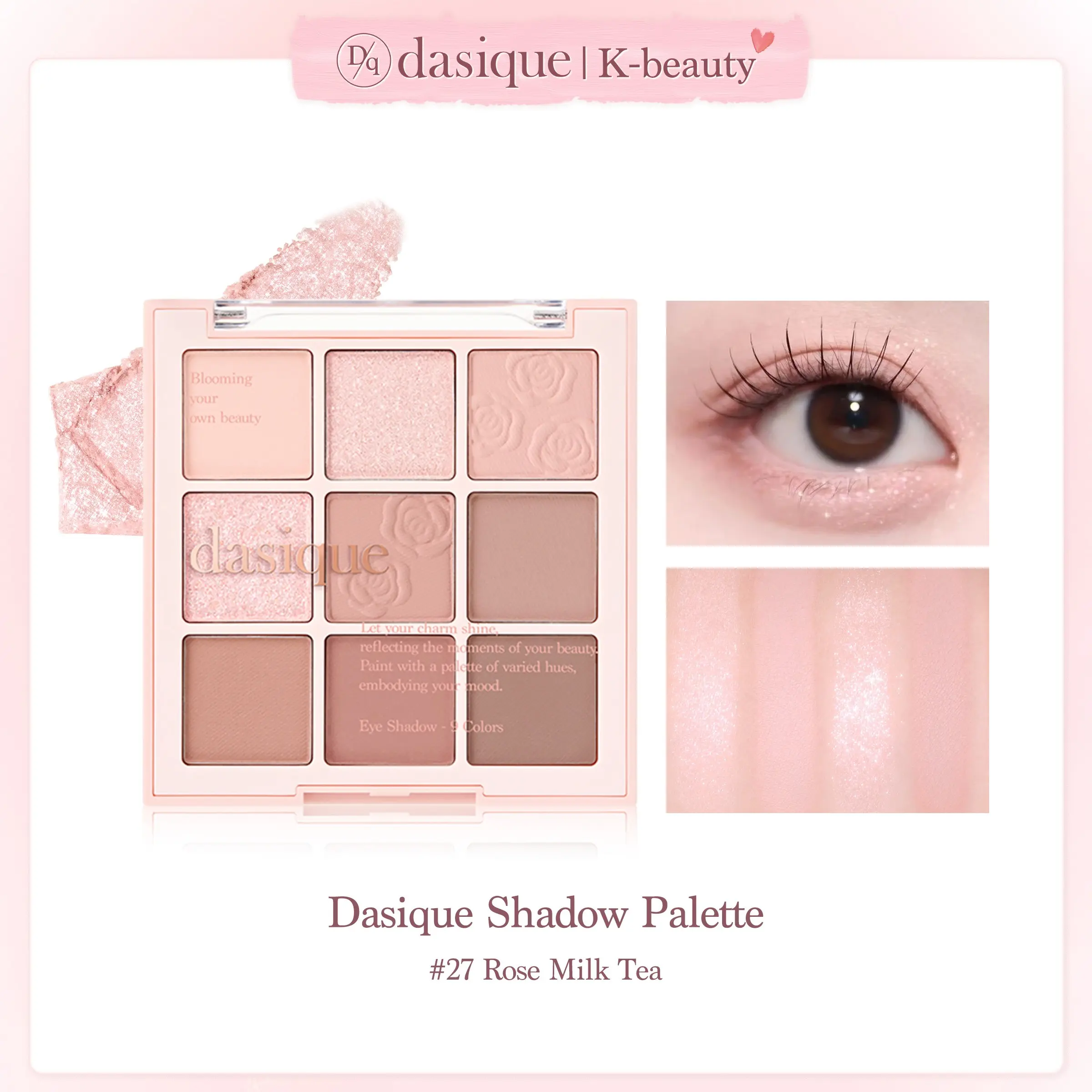1Pc DASIQUE Rose Embossed Print Eyeshadow Palette, Makeup Palette – 9 Pigmented Shades in Rosy Pink, Warm Nude, Matte/Shimmer/Metallic Mix, Ultra-Blendable, Crease-Proof, Long-Wear, Flattering on Fair to Deep Skin, Ideal for Everyday Glam or Date Night