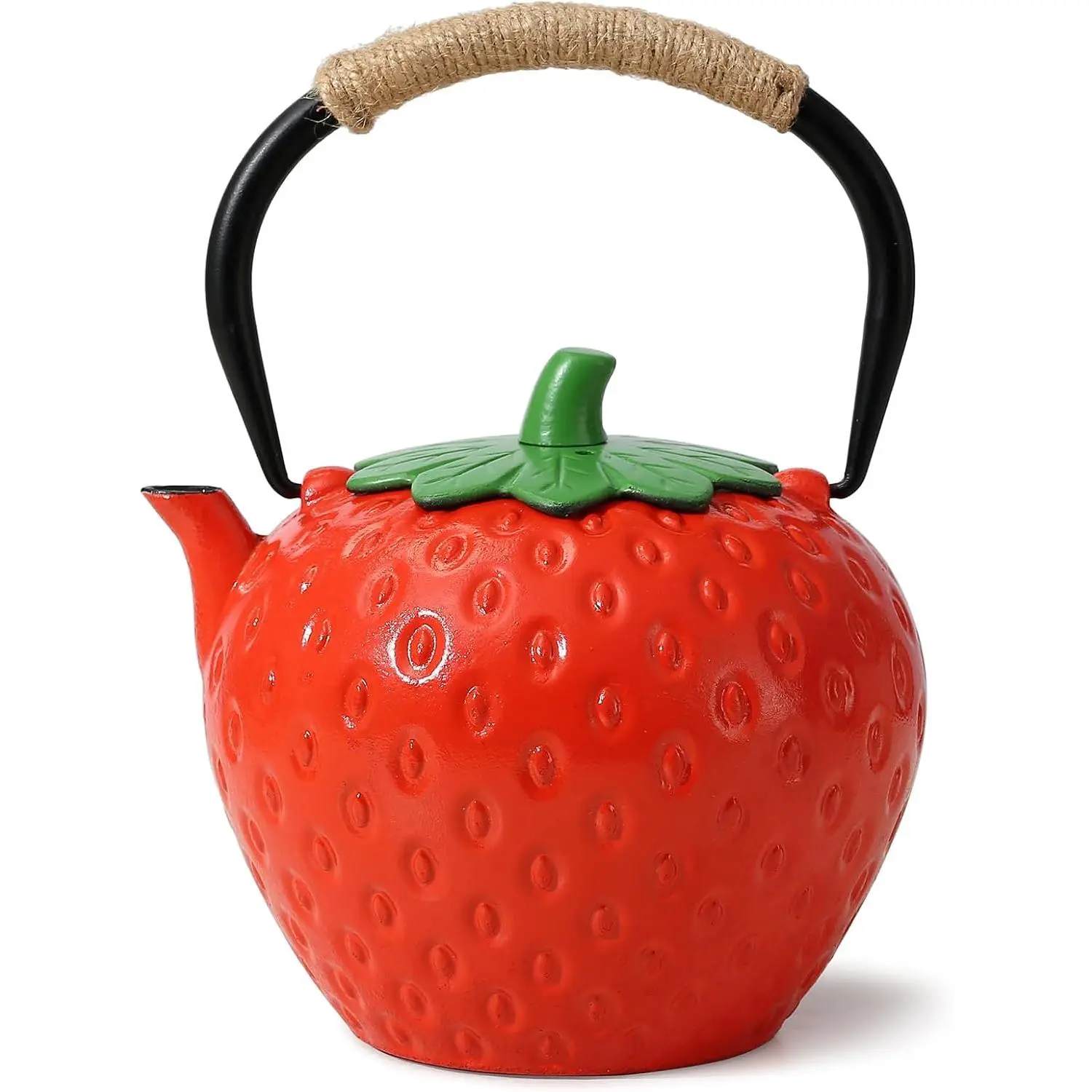 Strawberry Red Metal Japanese Tetsubin Cast Iron Single Teapot - 50oz/1500ml, Enameled Interior, Extended Infuser, Stovetop Safe, Cute Holiday Gift for Loose Leaf Tea & Tea Bags