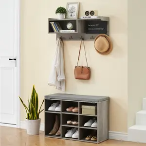 Industrial Wall Mounted Hall Tree Coat Rack and Shoe Bench Set – 5 Hooks, 10 Storage Cubbies, Blackboard – Entryway Organizer and Bench for Hallway, Bedroom or Front Door – White