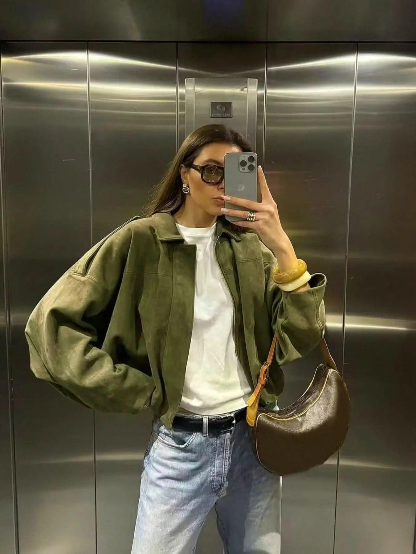 Women's Olive Suede Loose Fit Zipper Jacket, Vintage Shoulder Drop Outerwear, Urban Commute, Weekend Coffee, Fall Daily Wear