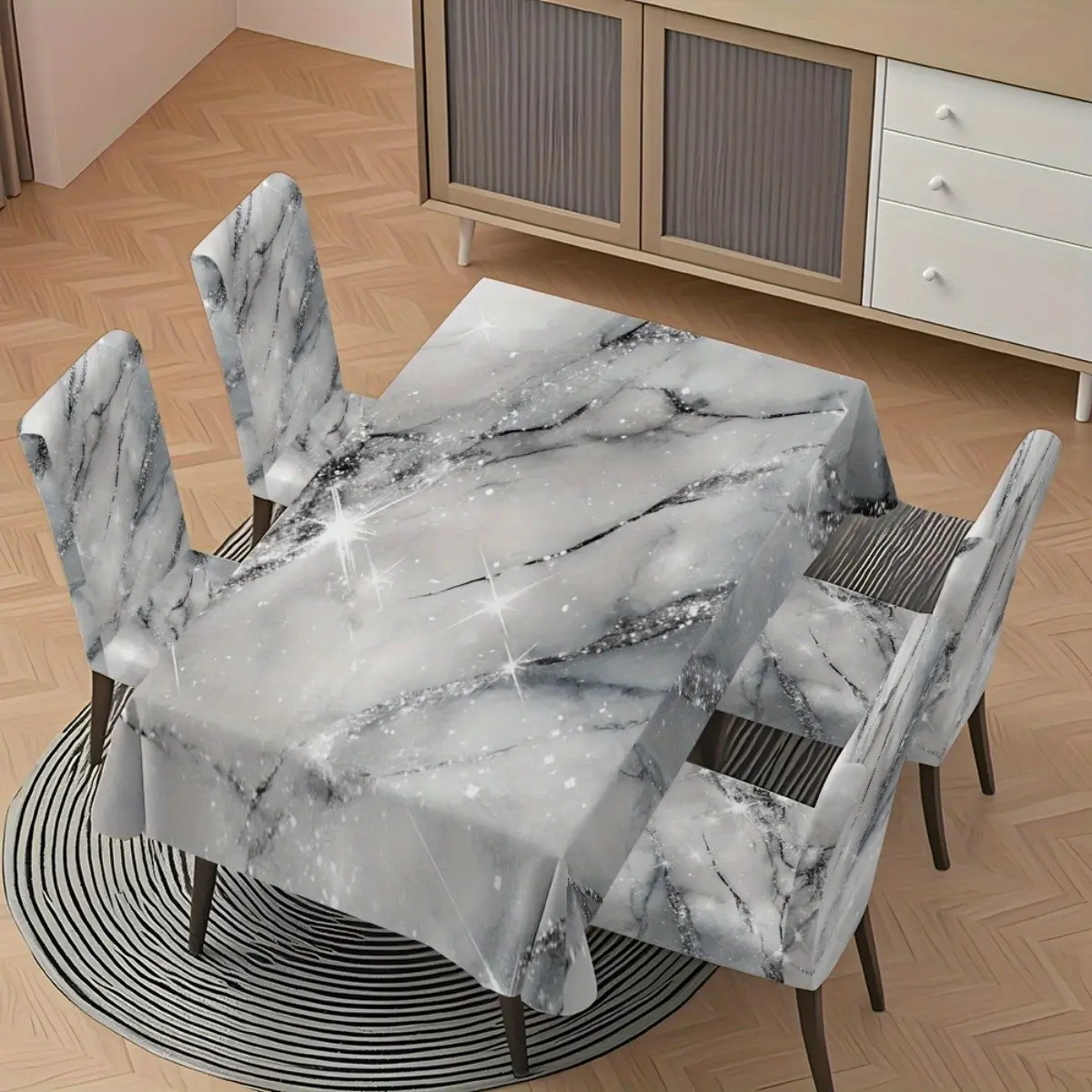5pcs/7pc European Marble Texture Tablecloth & Chair Covers, Washable, Reusable, Suitable for Home Kitchen, Parties, Festivals