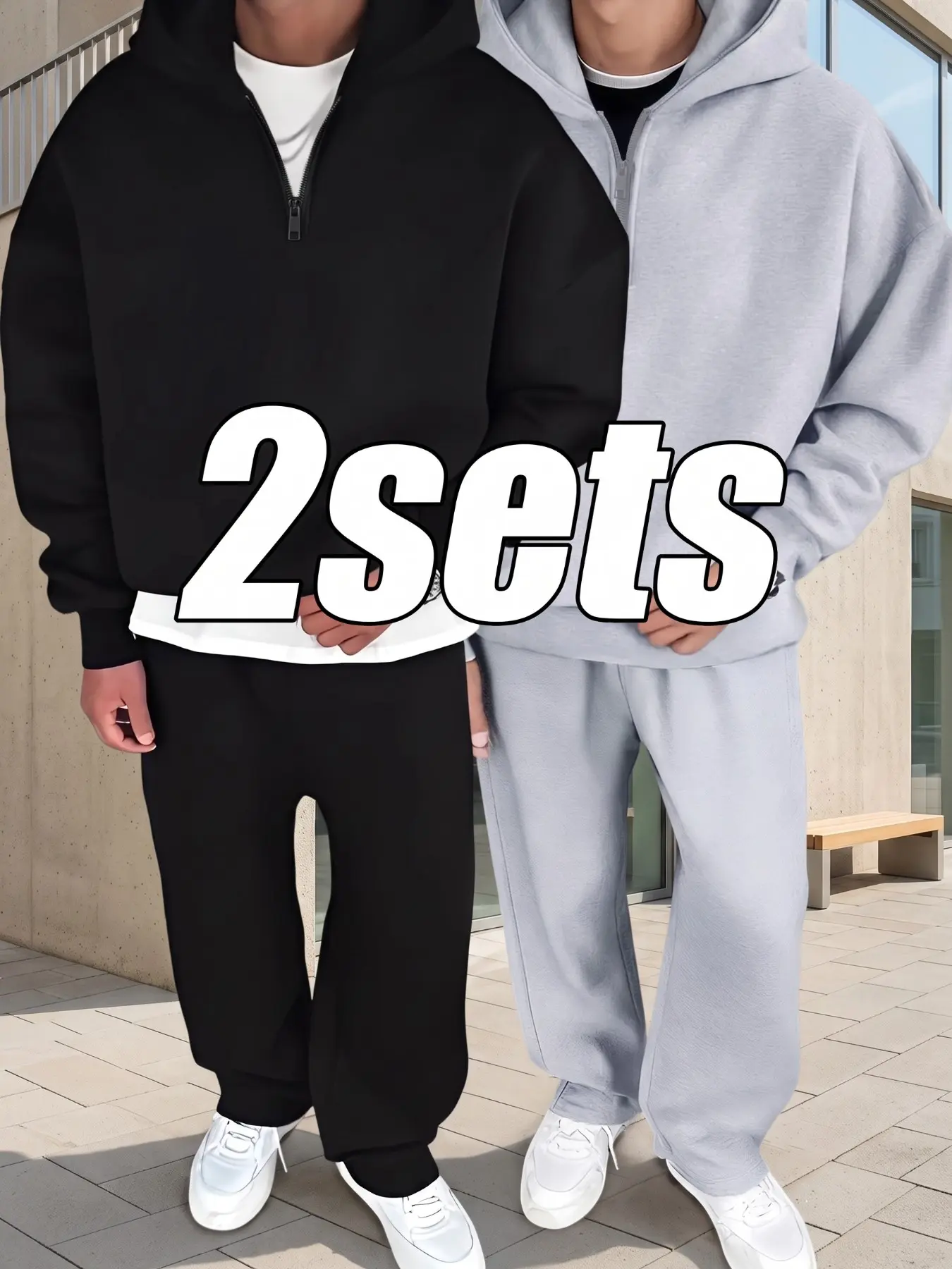 Soft Polyester 2 Sets Men Half Zip Hoodie & Cuffed Sweatpants Outfit, Sweatshirt Set, Solid Color Oversized Loose Matching Tracksuit, Casual Streetwear Set For Daily Loungewear Outdoor Workout