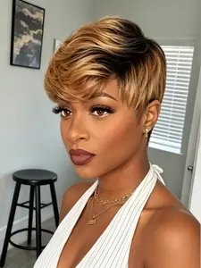 1bt30 Highlight Short Pixie Cut Human Hair Wigs, Machine Made Wigs for Women