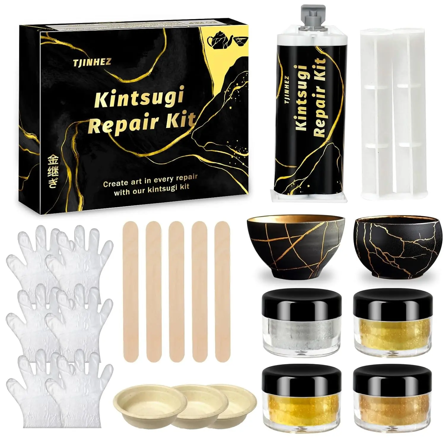 Kintsugi Repair Kit - Food-Safe Gold & Silver Japanese Art Crafting Supplies for Broken Ceramics, Glass, Jade, Sculptures with Gold Glue for Restoration
